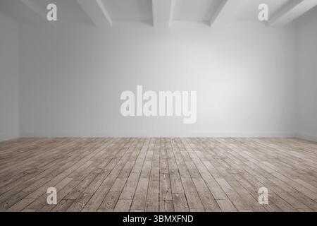 Die Innenausstattung des leeren Raumes ist in flachem Design mit Holzboden- und Deckenbalken zu sehen Stockfoto