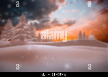 Die flache Designszene zeigt Schneeschwehungen, die den strahlenden Sonnenuntergangshimmel mit Kiefern und herabfallenden Flocken umrahmen Stockfoto