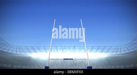 Mit flachem Design-Stadionszene mit weißen Torpfosten, Flutlichtern, leeren Sitzplätzen und geschwungenem Dach Stockfoto