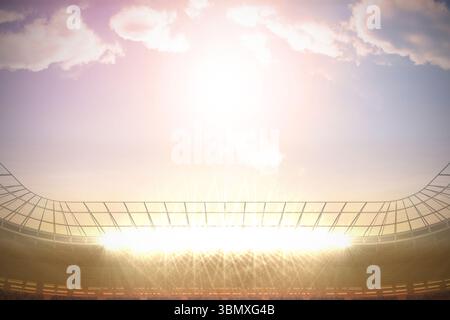 Das flache Design zeigt eine Sitzschale im Stadion mit mehrstufigen Reihen, Flutlichtern und geschwungenen Dachträgern Stockfoto