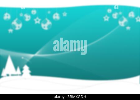 Die flache Winterszene zeigt Kiefernsilhouetten, schneebedeckte Hügel, wirbelnde Linien und Schneeflockenmotive Stockfoto