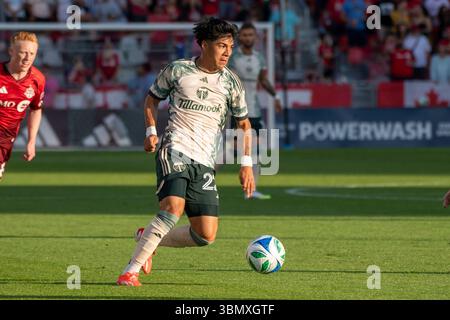 Toronto, Ontario, Kanada. Juni 2025. Omir Fernandez #22 im MLS-Spiel zwischen Toronto FC und Portland Timbers beim BMO Field in Toronto. Das Spiel endete 3-0 für den Toronto FC. (Kreditbild: © Angel Marchini/ZUMA Press Wire) NUR REDAKTIONELLE VERWENDUNG! Nicht für kommerzielle ZWECKE! Stockfoto