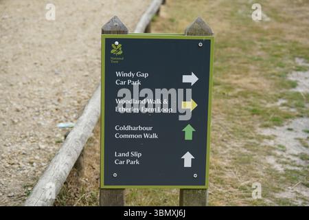 Wegweiser aus Holz, der Routen im Natural Rural Park anzeigt. Leith Hill, Surrey, England Stockfoto