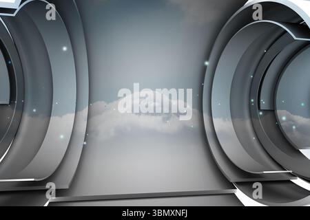 Das kreisförmige Metallportal offenbart den bewölkten Himmel durch leuchtende Ringe und Partikel in flacher Bauweise Stockfoto