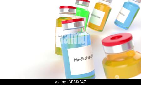 Farb-Impfstoff-Ampullen Pharmaproduktion medizinischer 3D-Rendering Stockfoto