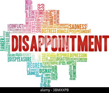 Enttäuschung Wort Cloud konzeptuelles Design isoliert auf weißem Hintergrund. Stock Vektor