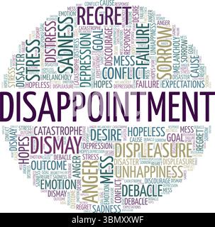 Enttäuschung Wort Cloud konzeptuelles Design isoliert auf weißem Hintergrund. Stock Vektor