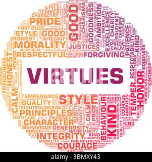 Virtues Word Cloud Konzeptdesign isoliert auf weißem Hintergrund. Stock Vektor