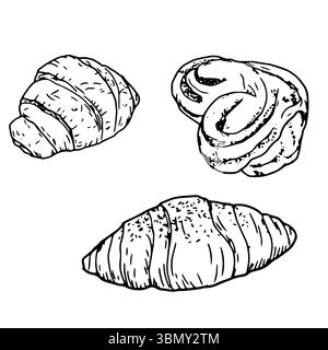 Köstliches Gebäck, süße Brötchen und Croissants, ein Brötchen mit Mohn und Zucker, Skizzen mit schwarzer und weißer Tinte. Vektorabbildung. Bäckerei und Pastor Stock Vektor