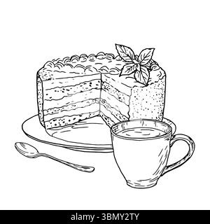 In Scheiben geschnittener Kuchen mit Sahne auf einem Teller, eine Tasse Tee und einen Löffel, eine schwarz-weiße Tinte Skizze. Vektorabbildung. Süßes Gebäck aus der Konditorei isola Stock Vektor