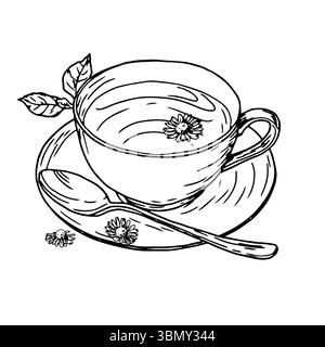 Eine Tasse Tee auf einer Untertasse mit einem Löffel. Vektorabbildung. Kamillentee, Blätter und Blumen auf einer Untertasse, isoliert auf weißem Hintergrund. Teepartys Stock Vektor