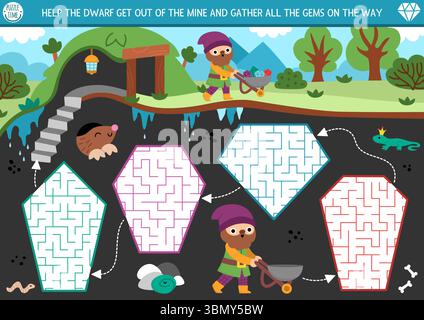 Zwerglabyrinth für Kinder mit geometrischen Steinen. Märchenhafte Vorschularbeit mit unterirdischer Landschaft. Magisches Labyrinth Spiel, Puzzle. Hilfe gno Stock Vektor