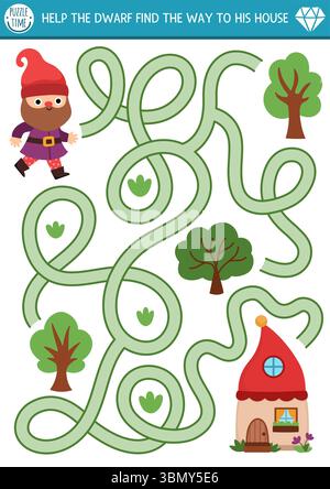 Zwerglabyrinth für Kinder mit süßem Elf, Bäumen, Zuhause. Märchenhafte Vorschularbeit zum Ausdrucken. Woodland Fantasy Labyrinth Spiel oder Puzzle. Hilf dem Zwerg, ihn zu finden Stock Vektor