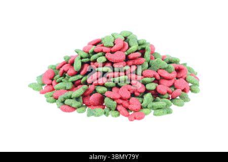 Es ist ein Haufen Haustierfutter isoliert auf weiß. Stockfoto
