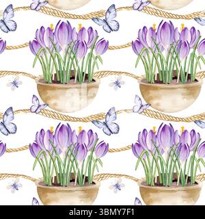 Krokusblüten im Keramiktopf, fliegende Schmetterlinge, beige Seile, handgezeichnet Aquarellblau, lilafarbene Blüten mit grünen Blättern, nahtloses Muster, Frühling Stockfoto