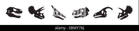 Satz von Dinosaurier-Schädel-Silhouetten in schwarzer Farbe, isoliert auf weißem Hintergrund, grafische Illustration. Konzept der prähistorischen Skelettsammlung, anci Stock Vektor