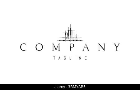 Ein Vektorlogo mit abstraktem Bild ein technischer Entwurf eines im Bau befindlichen Gebäudes mit präzisen Linien und strukturellen Details. Stock Vektor