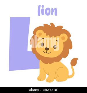 Lustiger Cartoon-Löwe, der neben dem großen Buchstaben L sitzt, um Kinder Alphabet zu lernen Stock Vektor