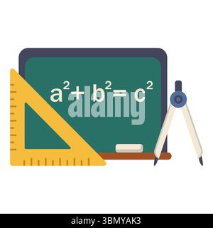 Green Board mit mathematischem Formellineal und Kompass für das Lernen von Geometrie in Schulen Stock Vektor
