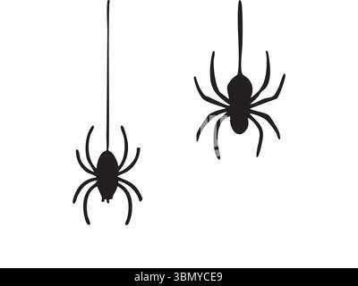 Schwarze Silhouetten von Spinnen, die an Fäden hängen, isoliert auf weißem Hintergrund, grafische Illustration. halloween-Konzept, gruselige Insekten, Arachniden Stock Vektor