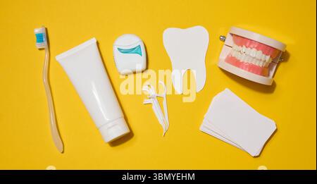 Zahnbürste, weiße Zahnpasta-Tube, Zahnseide im Koffer, weißer Zahn aus Papier geschnitten, Modell von Prothesen auf hellgelbem Hintergrund. Draufsicht. Stockfoto