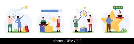 Kundenfeedback, Bewertungsanalyse positiver Bewertungen. Winzige Leute, die sich die Bewertung des großen Goldsterns durch Vergrößerungsglas anschauen, geben Daumen nach oben zu Produkt- oder Service-Cartoonvektorillustration Stock Vektor