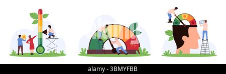 Stresslevel-Management festgelegt. Winzige Leute steuern negative und positive Stimmung, reduzieren Hitze der Spannung mit Thermometer, drücken Pfeil auf Tachometerrad und halten Emoji-Zeichentrickvektor-Illustration Stock Vektor