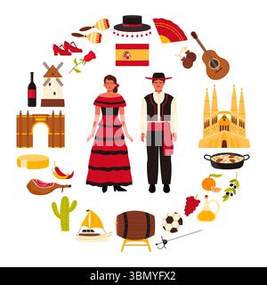 Reisen Sie nach Spanien, spanische Kultur und Sehenswürdigkeiten, Essen auf einem runden Infografik-Tourismusplakat. Flamenco Tänzerin Mädchen und Mann Stierkämpfer, Flagge und Embleme der Korrida, Jamon Cartoon Vektor Illustration Stock Vektor