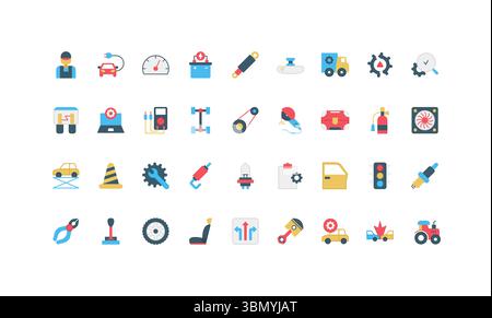 Ein umfangreicher Satz flacher Symbole, die verschiedene Service- und Wartungselemente des Fahrzeugs darstellen, einschließlich Werkzeuge, Fahrzeuge und mechanische Teile, die für die Vektorillustration von Automobilthemen entwickelt wurden Stock Vektor