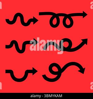 Schwarzes Pfeilsymbol auf rotem Hintergrund. Horizontale Doppelpfeilschilder, lang, gerade, rechts und links. Pfeil zeigt das Richtungssymbol an. Stock Vektor