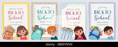 Back-to-School-Flyer oder Poster mit niedlichen Kinderporträts und Schulrucksäcken. Vektorabbildung in abgewickelter Form Stock Vektor