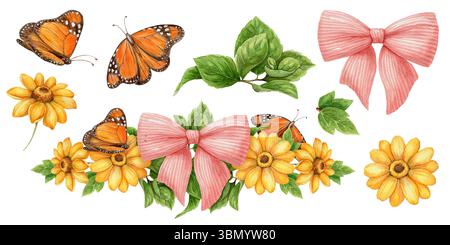Set mit süßer rosa Schleife und Monarchschmetterling im realistischen Aquarellstil. Gelbe Sonnenblumen und botanische Elemente bilden ein lebhaftes tropisches Arrangement Stockfoto