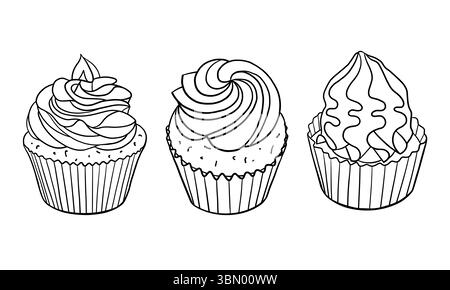 Cupcake Outline Kollektion. Schwarze Doodle-Essensillustration im Linienstil. Muffins im Line-Art-Stil, Vektor-Clip-Art für den Urlaub Stock Vektor