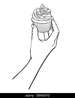 Menschliche Hand hält Cupcake mit Sahne. Essen Kritzelvektor Illustration für Urlaub. Handgesten für Café, Menü, Restaurant Stock Vektor