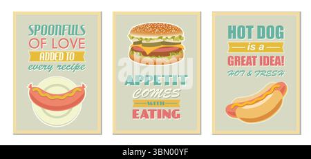 Poster mit Fast Food, Hamburger, Hot Dog, Wurst und Essensnoten im modernen Stil der Mitte des Jahrhunderts. Retro-Poster, Aufkleber mit Hot Dog, Taco, Burger, fo Stock Vektor