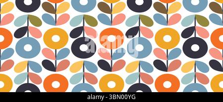 Modernes nahtloses Blumenmuster mit stilisierten Blumen und Blättern im skandinavischen Retro-Stil. Vintage-Farben Formen mit abgenutzter Textur Stock Vektor