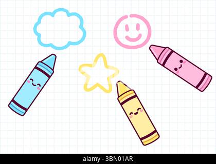 Niedliche Zeichentrickstifte, die Kritzeleien zeichnen. Drei bunte Buntstifte mit lustigen Kawaii-Gesichtern. Vektor-Clipart-Illustration. Stock Vektor
