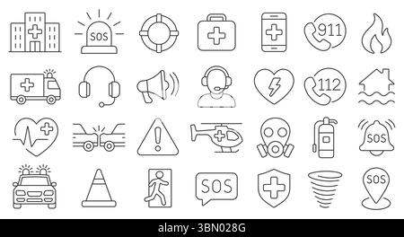 Bearbeitbare Symbolgruppe für Notfallkonturen. Einfache, minimal dünne Sammlung von Symbolen für Notlinien. Verwandte SOS, Sicherheit, Alarm, Krankenwagen, Krankenhauswarnung. Stock Vektor