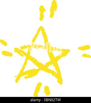 Niedlicher Buntstift-Stern. Gelber Wachsstift Handskizze mit rauer Textur und kindlichem, unregelmäßigem Stil. Kritzele-Symbol für Glanz oder Glanz. Vektorelement von Stock Vektor