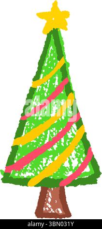 Geschmückter Weihnachtskritzelbaum, gezeichnet von Kindern. Pastellwachs-grange-Flitzer-Striche auf einem Tafel-Hintergrund imitieren Holzkohlekritzeleien. Vektor Stock Vektor