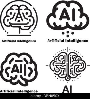 Minimalistisches Konzept der künstlichen Intelligenz mit Hirnsymbol und gepunktetem Kreis Stock Vektor