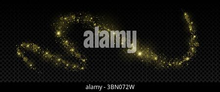 Magischer goldener Glitzerstaub wirbelt mit Sternen, Glitzern und leuchtendem Licht. Heller Schimmer-Effekt mit Flare, Bokeh und Sternenstaub auf dunklem transparentem Hintergrund. Fantasy-Nacht-Vektor-Illustration. Stock Vektor