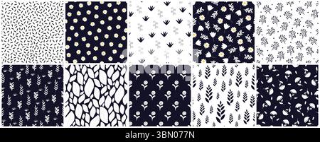 Kollektion von Vektoreleganten, nahtlosen Blumenmustern. Zeichnen Sie wiederholbare Frühlingsnatur schöne Stoffhintergründe mit Ästen, Blättern und Blumen Stock Vektor