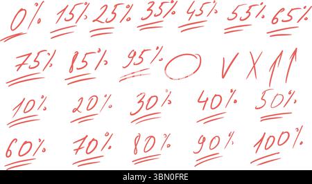 Die Prüfungsnummern kennzeichnen den Kritzelstil-Satz. Schultest Ergebnisse handgezeichnete Singen. Lehrer-Prozentpunkte für Schüleraufgaben. Handgeschriebener Vektor Stock Vektor