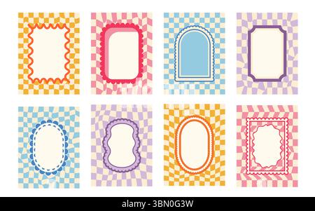 Funky-Retro-Bogen und geometrische Rahmen mit groovigem Schachbretthintergrund. Set aus lustigen Vintage-Farben mit Muschelrand. Textfelder oval, Bogen, Stock Vektor