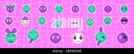 Pixelkunstspiel lebendige Gesichter mit Lächeln. 8-Bit-Retro-Zeichen-Elemente. Pixel 90s lustiger Ausdrucksstil. Vector Happy y2k Runde Aufkleber Set illus Stock Vektor
