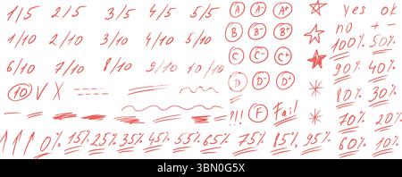 Prüfungsergebnisse Kritzelstil-Set. Schultestergebnisse verschiedene handgezeichnete Sänge. Lehrer-Scores von Schüleraufgaben. Vektor-handgeschriebenes Scribble aca Stock Vektor