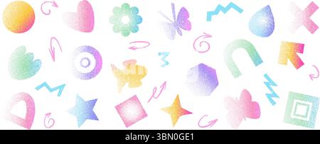 Körnung verschiedene Farben Rauschverlauf geometrische Form Set. Y2K schillerndes Herz, Tropfen und Bogen mit Blütenformen. Wilde Grunge Schmetterlinge und Fische Ikonen Stock Vektor