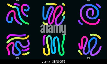 Farbenfrohe, skurrile abstrakte Formen mit Farbverlauf. Kollektion mit welligen Squiggles-Figuren. Dekorative Kritzeleien. Irisierend gekrümmtes geometrisches Konfetti. Vektor g Stock Vektor