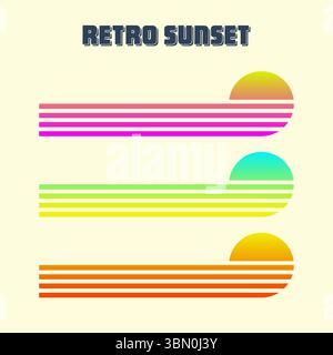 Farbenfroher Sonnenuntergang im Vintage-Stil. Verschiedene gestreifte Sonnenaufgangsabzeichen im Stil der 80er und 90er Jahre. Blick auf Sonne und Meer, Sommerstimmung, Surfen. Designelement für Stock Vektor